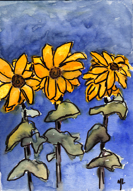 Sunflower with blue (Michael Liebhaber, watercolor & ink, 2014)