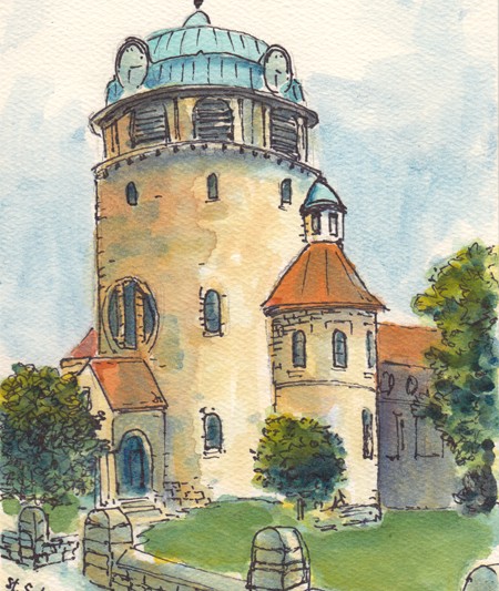 Michael Liebhaber, St. Sebastian Church, Rockenhausen, Germany, Watercolor and Ink, 7x5in (18x13cm)