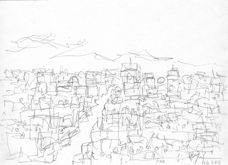 Michael Liebhaber, Rooftop View of Fez, Pencil, 20x14.5cm (8x5.75in)