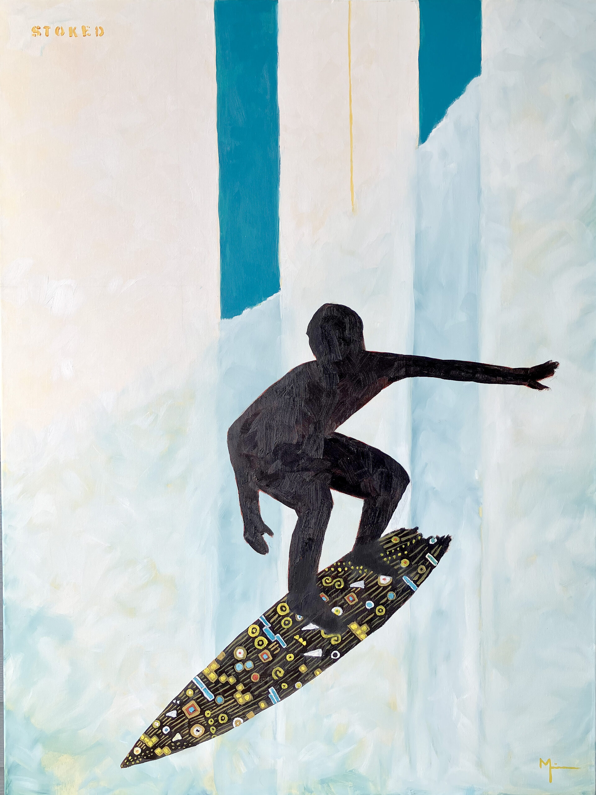 black silhouette of surfer on black board with colors symbols on it